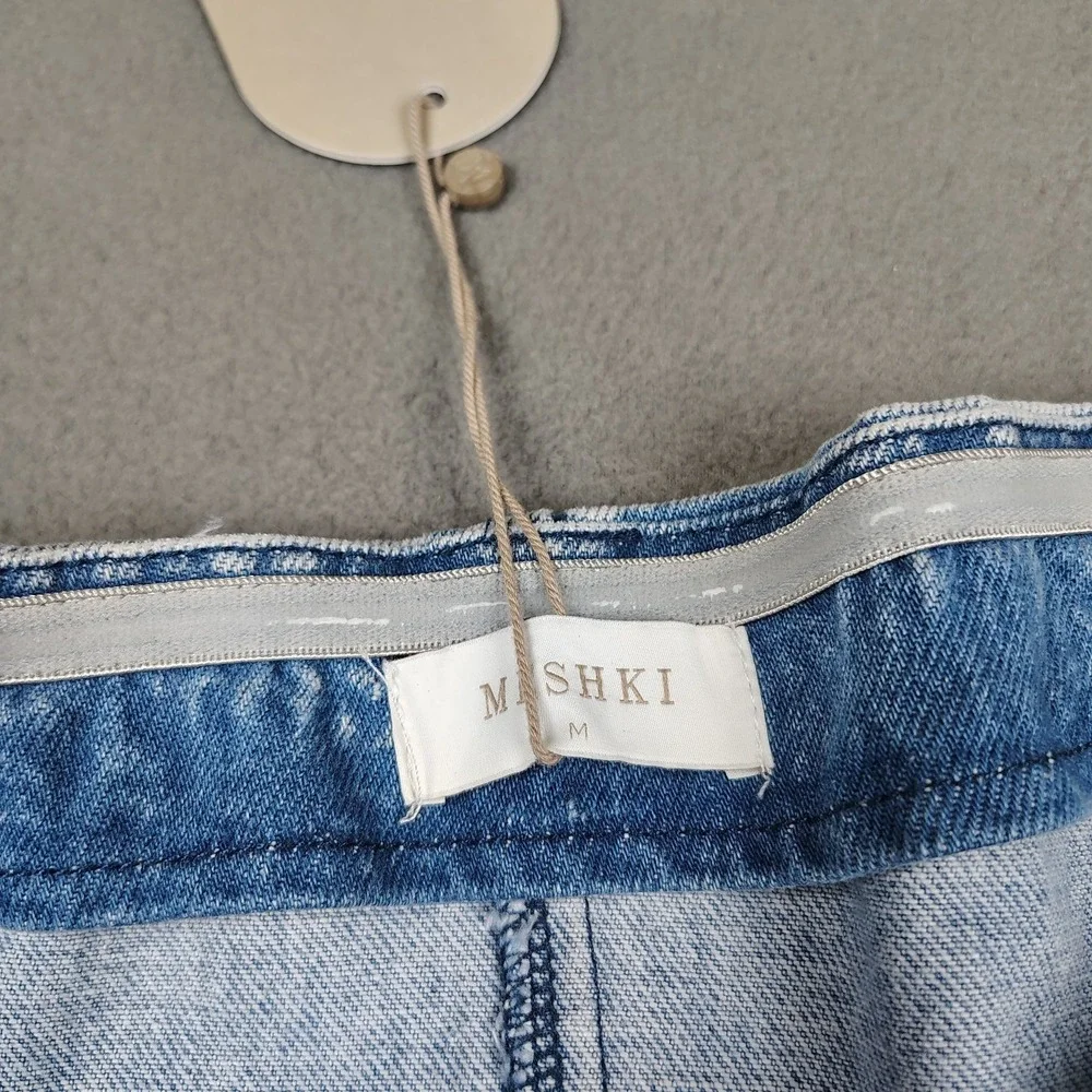 Meshki Mini Dress Medium Strapless Pleated Blue Denim Belted Flirty Festival New